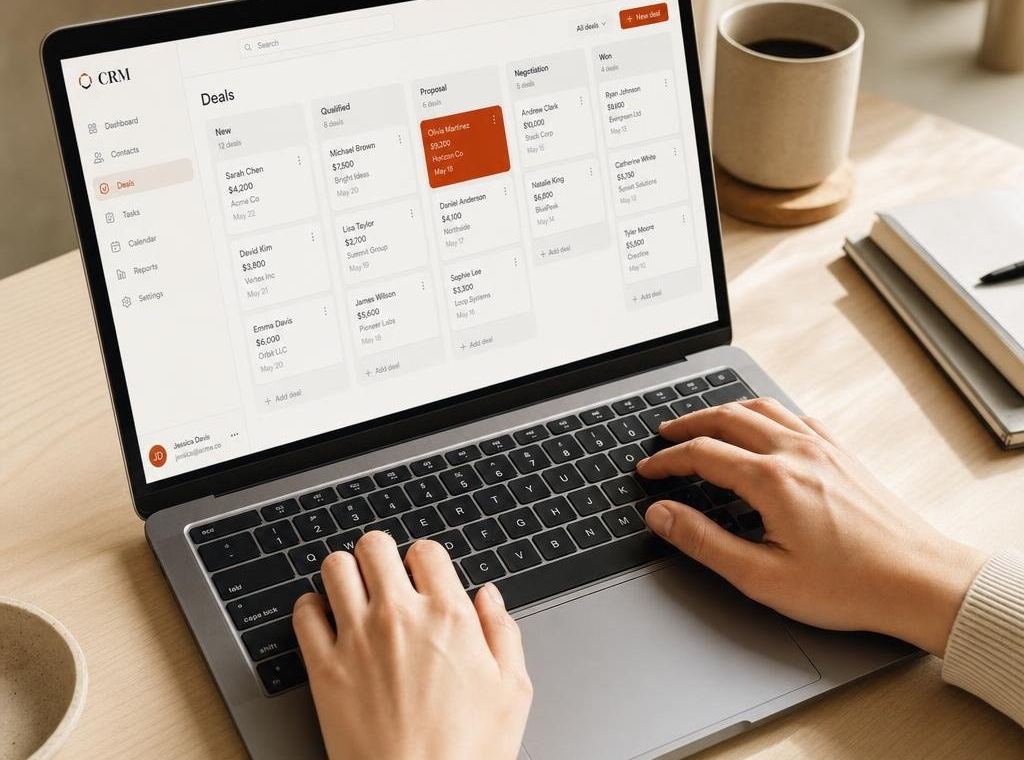 Mains sur un clavier d'ordinateur portable affichant un tableau de bord CRM